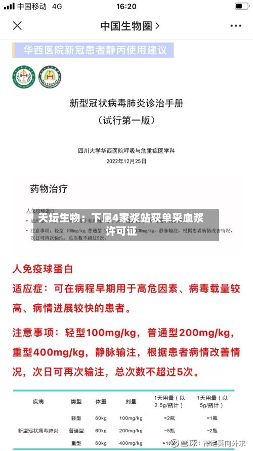 天坛生物:下属4家浆站获单采血浆许可证-第3张图片