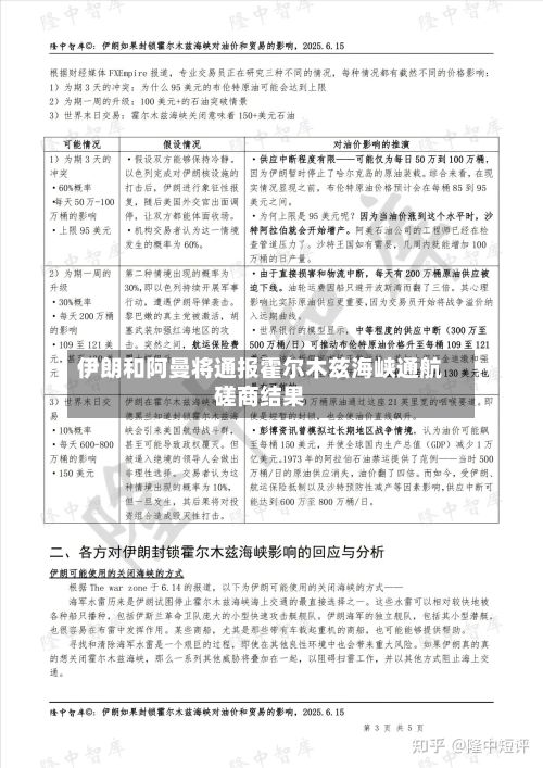伊朗和阿曼将通报霍尔木兹海峡通航磋商结果