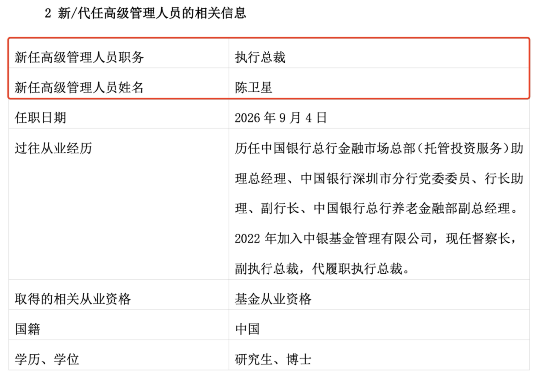 官宣！7000亿级基金公司中银基金新总裁定了，陈卫星出任！